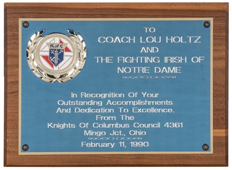 1990 The Knights of Columbus Council 4361 Outstanding Accomplishments Plaque Presented to Coach Lou Holtz & The Fighting Irish of Notre Dame (Holtz LOA)